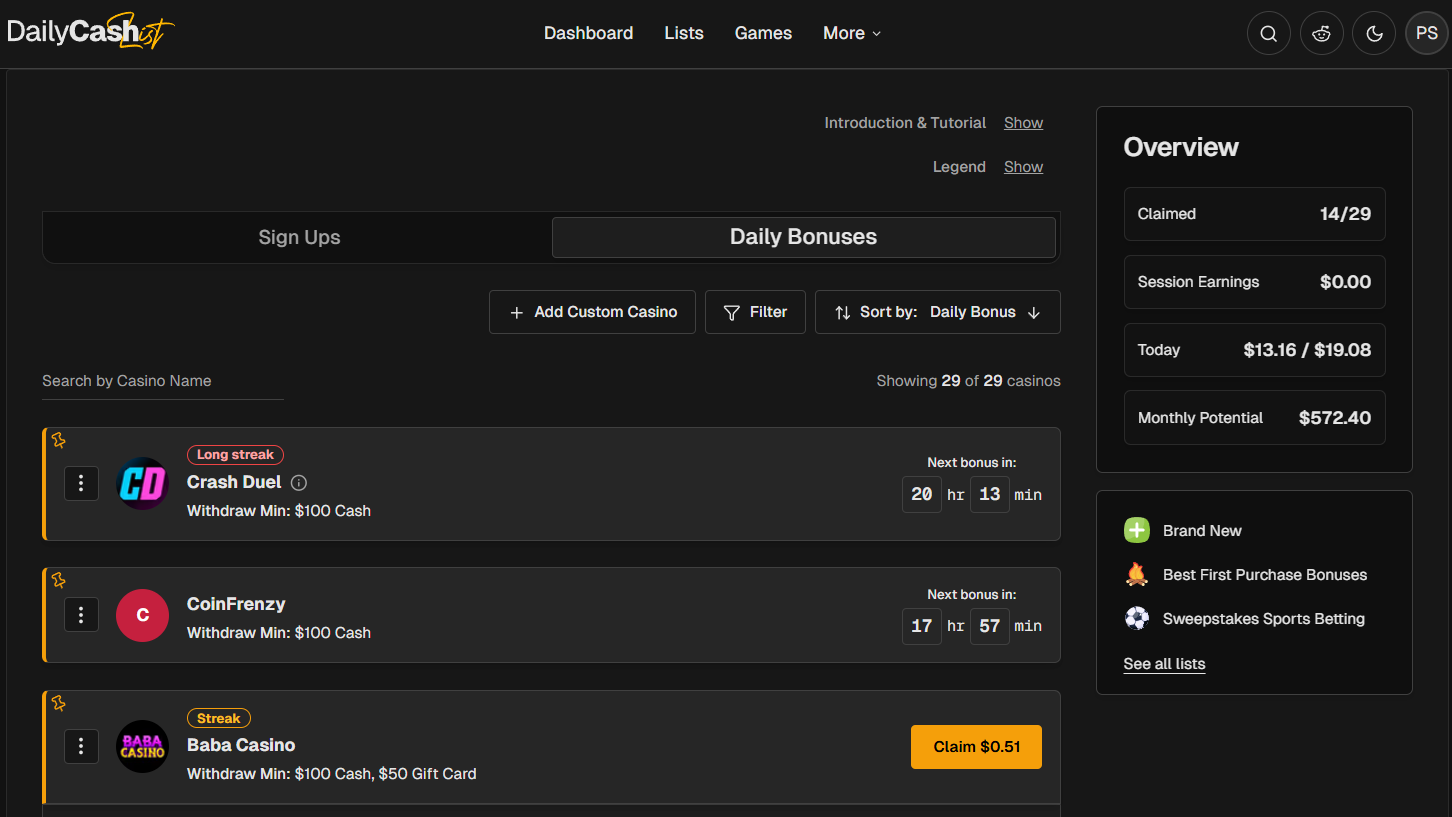 DailyCashList dashboard showing daily bonuses across sweepstakes casinos