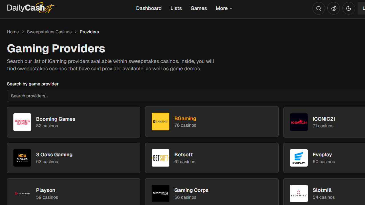 DailyCashList gaming providers page