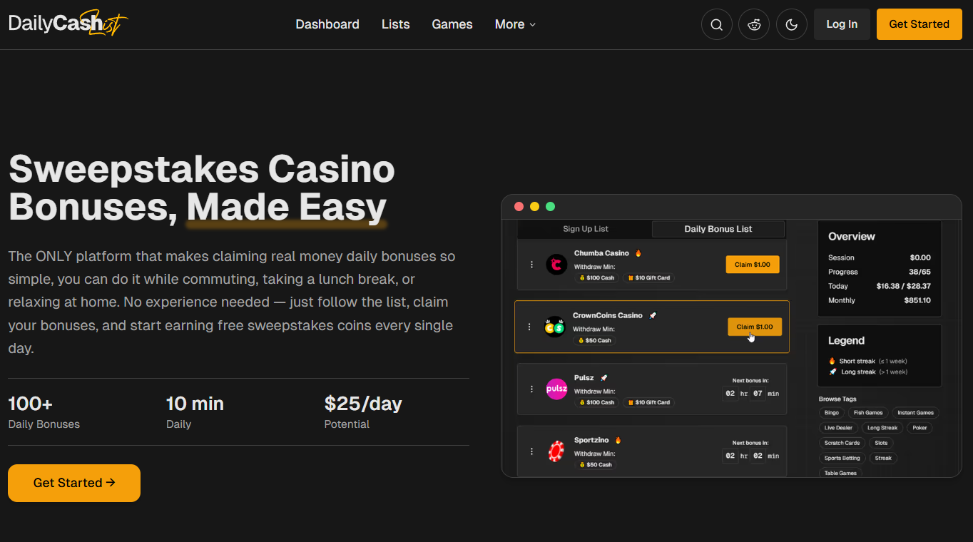DailyCashList homepage showing sweepstakes casino bonuses