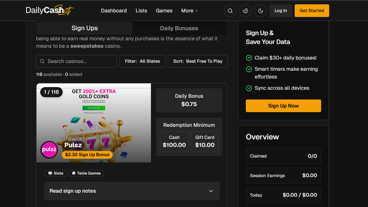 DailyCashList sign up page with casino sign-up bonuses