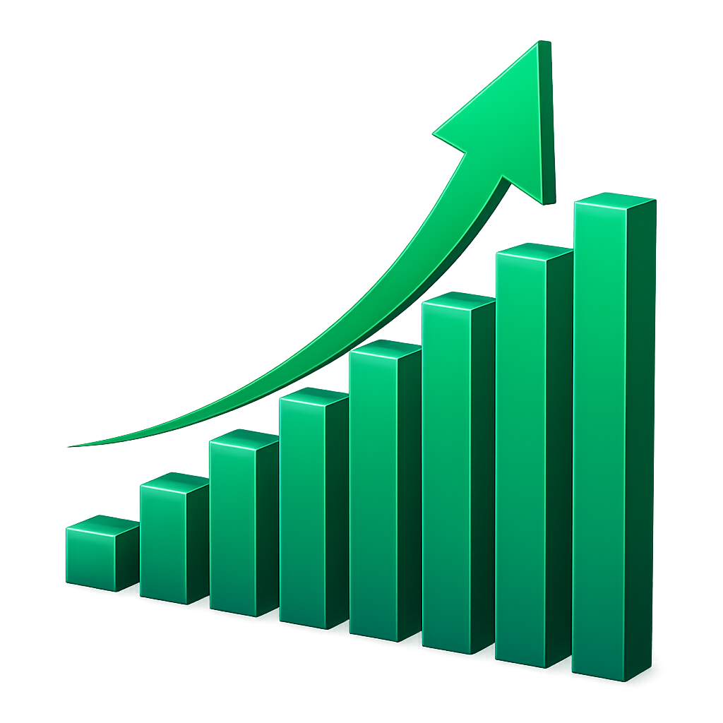 Green bar chart with an upward arrow symbolizing growth
